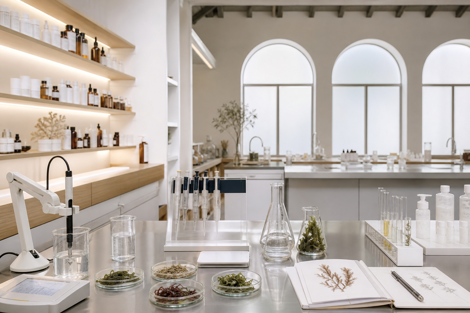 Laboratorio italiano di ricerca cosmetica: bancone chiaro, strumenti e formulazioni Niaco